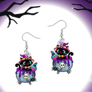 🍏50% OFF/3+...🎃👻Black Cat in Potion Pot Halloween Earrings